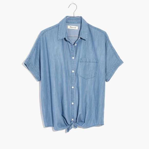 Madewell Denim Short-Sleeve Tie-Front Shirt in Hillford Wash Blue Sz S oversized - Picture 13 of 14
